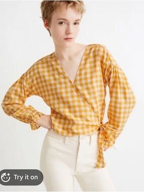 MADEWELL Yellow Gingham Plaid Wrap-Top Cottagecore 🍄 XL Fine Cotton Sash-Tie